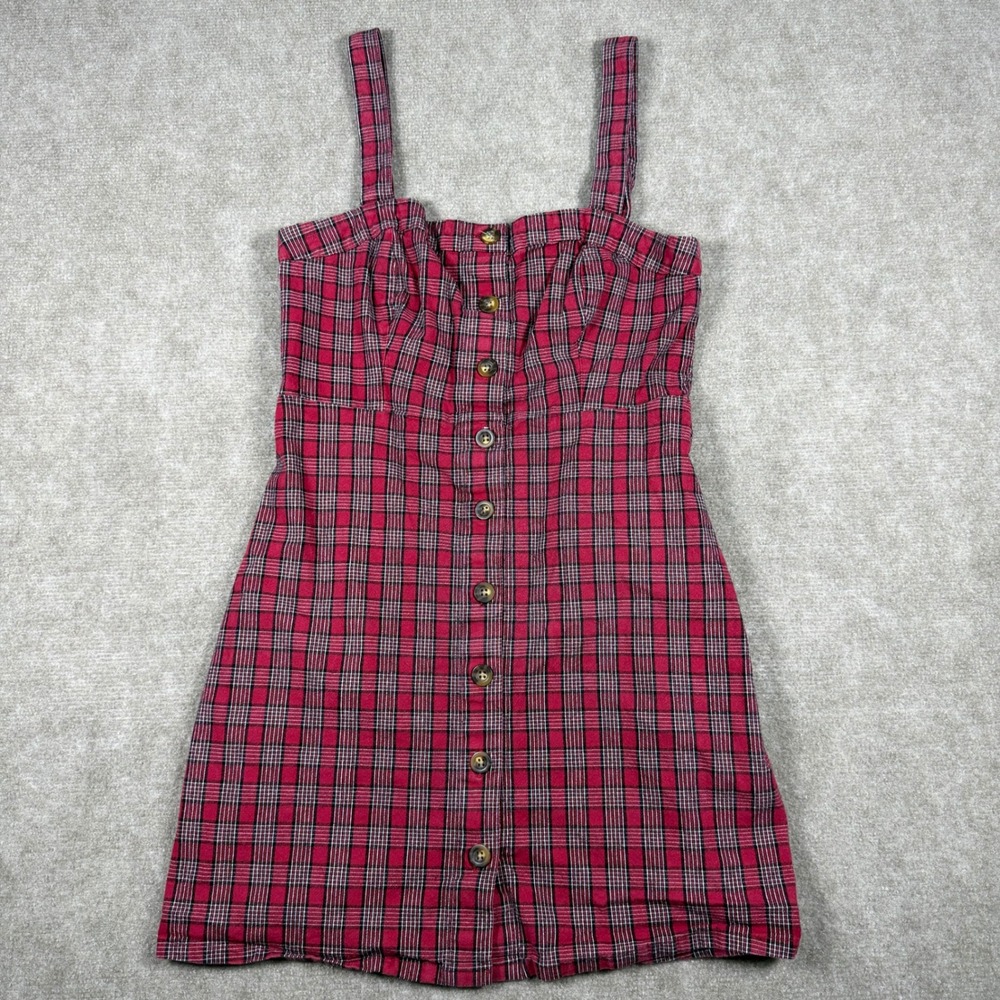 HOLLISTER Red Plaid Y2K Academia Preppy Mini Button Up Dress Size Medium